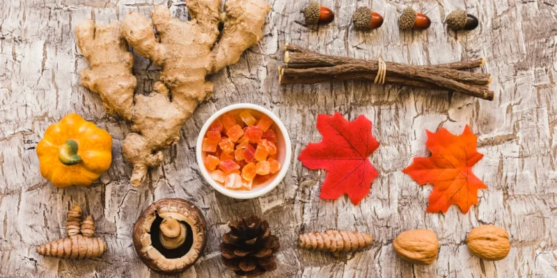 Épices et herbes d'automne disposées sur une table en bois, créant une ambiance chaleureuse et accueillante.
